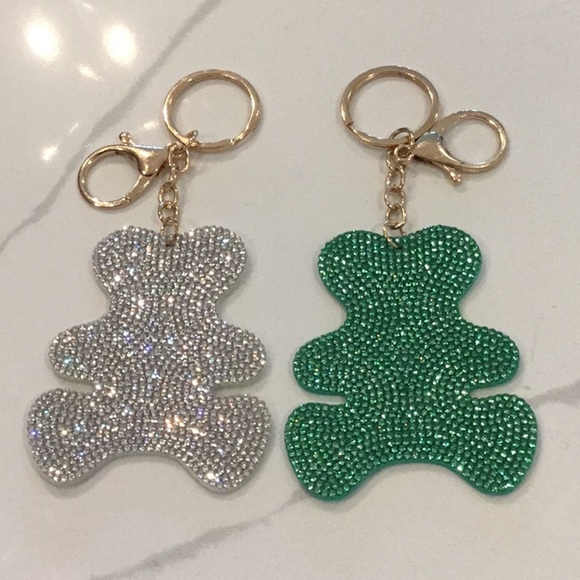 2/$12 Sparkling Teddy Bear Bag Charms Keychains in Silver and Green Sparkles - Picture 1 of 1